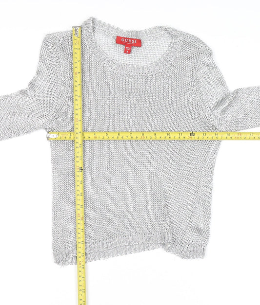 Guess Women's Silver Open-Knit Crew Neck Jumper Size 8