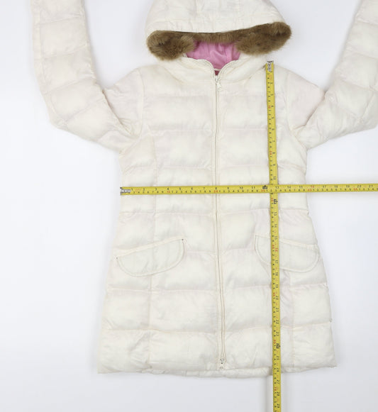 Uniqlo Girls Ivory Hooded Puffer Coat 10 Years Faux Fur Trim Winter Warm