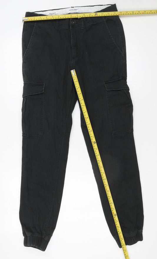 Mens UK Size M JACK & JONES Slim Fit Cargo Black Trousers
