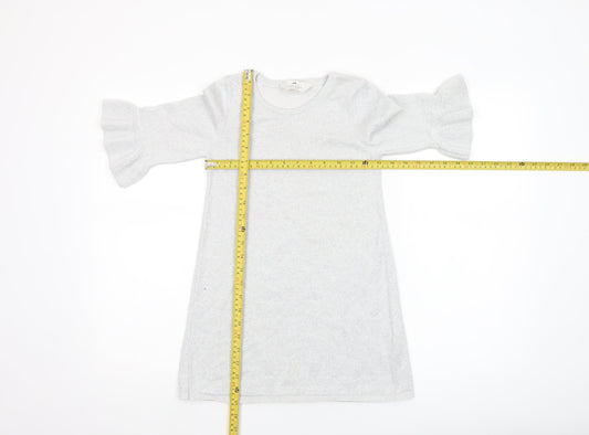 H&M Girls Silver Knit Ruffle Sleeve Shift Dress 7-8 Years