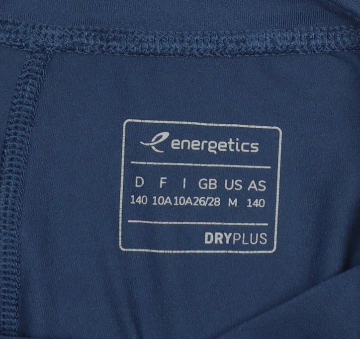 Brand and care label for Energetics girls’ blue sports leggings 10 years ankle length polka dot stretch
