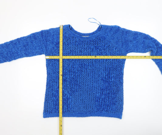 Tu Women Blue Open-Knit Crew Neck Long Sleeve Jumper Size 12
