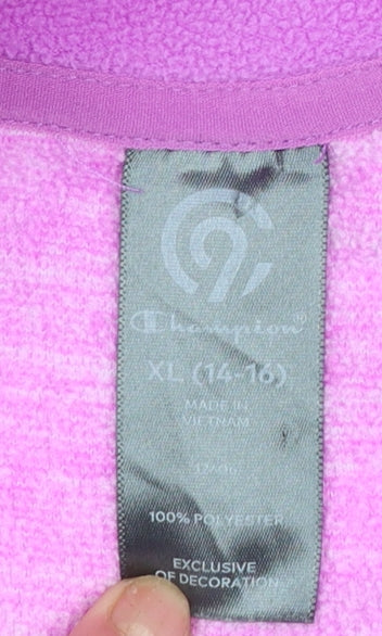 Brand and care label for Champion girls’ pink fleece 1/4 zip pullover sweatshirt xl 14-16 years