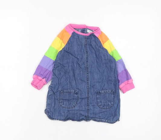 Next Girls Blue Denim Rainbow Raglan Long Sleeve Dress 12-18 Months