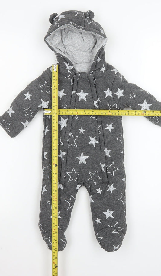 George Unisex Baby Grey Star Print Cotton Hooded Coverall 3-6 Months