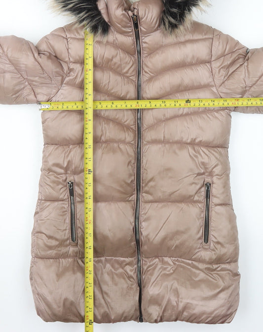 Next Girls Beige Hooded Long Puffer Coat 7 Years Faux Fur Trim Winter Jacket