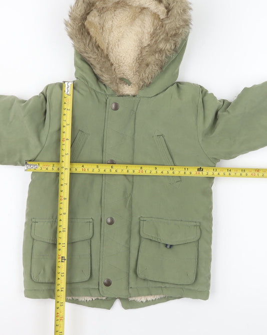 George Unisex Baby Green Hooded Parka Coat 12-18 Months Faux Fur Lined Winter Jacket
