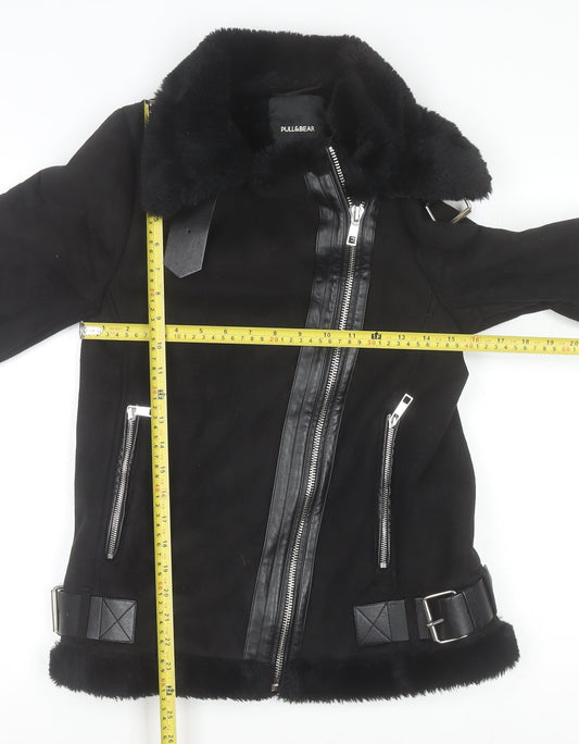 Womens UK Size XS Pull&Bear Black Biker Coat