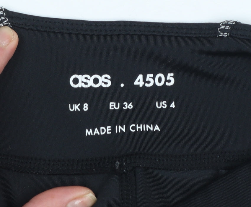 Brand and care label for ASOS 4505 women’s black, size UK 8, activewear leggings gym running trousers