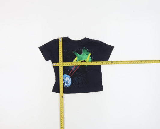 Little Lads Boys Black Space Cat Graphic Short Sleeve Cotton T-Shirt 18-24M