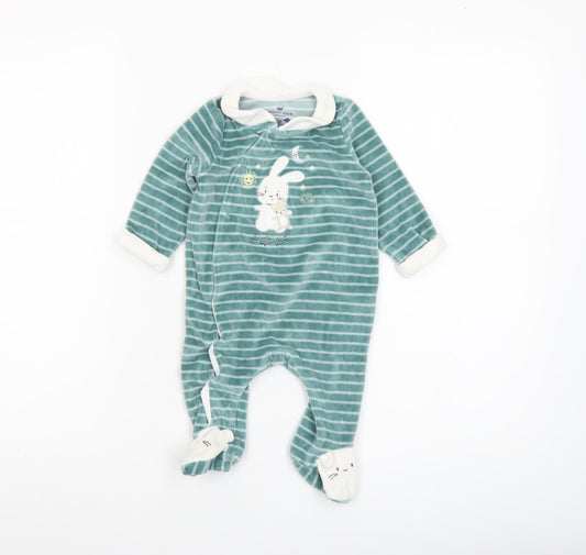 Sergent Major Green Striped Bunny Babygrow Unisex 4M Velour Long Sleeve