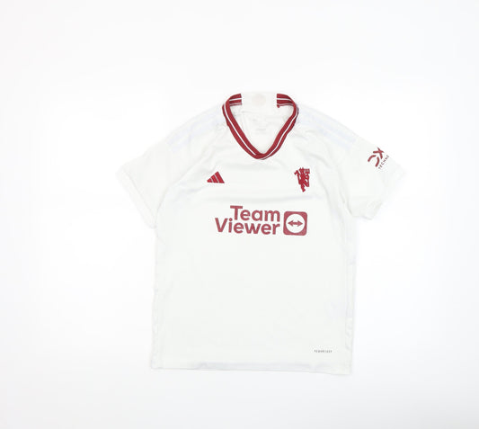 Additional front view of Adidas boys’ white football jersey t-shirt 7-8 years lightweight v-neck