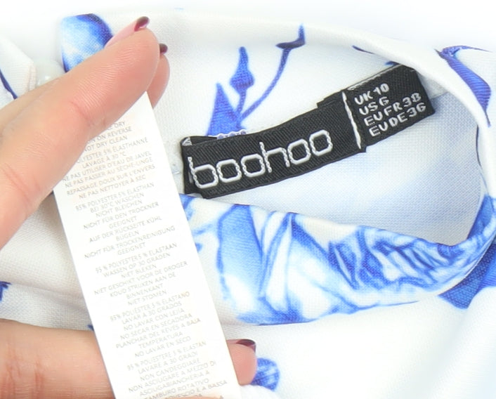 Boohoo Women's Blue Floral Strapless Bodycon Dress Size 10