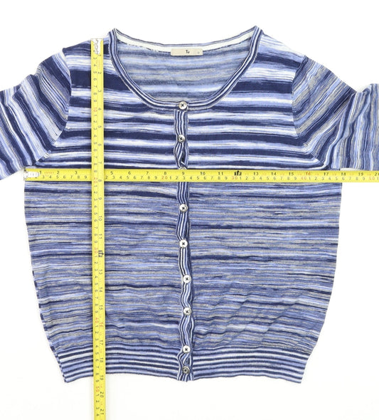 Tu Women Blue Striped Button-Up Knit Top Size 12 3/4 Sleeve