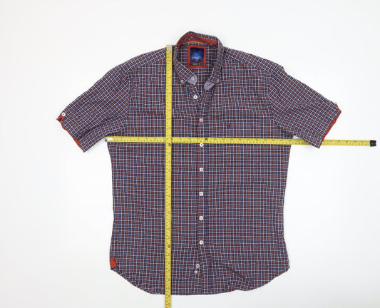 Benetti Men's Blue Checked Short Sleeve Button-Up Shirt L Slim Fit