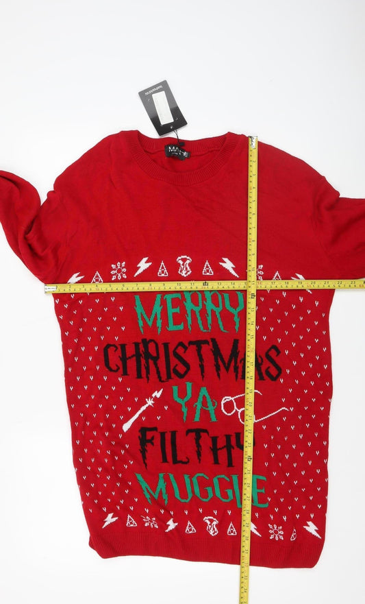 boohooMAN Men Red XXXL Christmas Graphic Knit Pullover Jumper