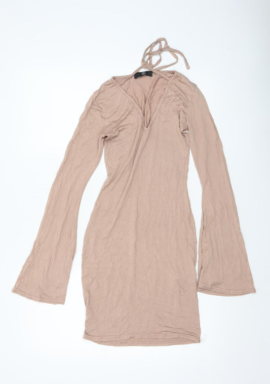 Additional front view of Missguided Women Beige Long Sleeve V-Neck Bodycon Dress, size 8