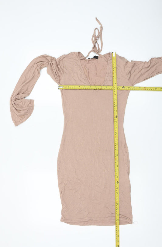 Missguided Women Beige Long Sleeve V-Neck Bodycon Dress Size 8