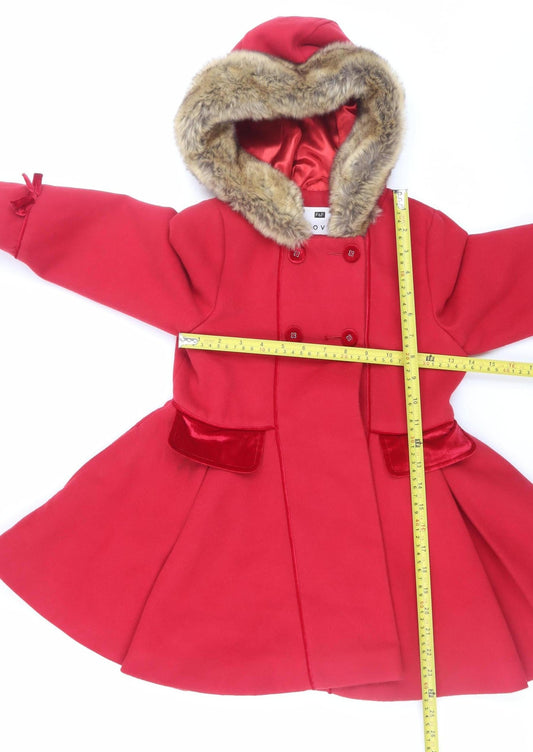 F&F Girls Red Faux Fur Trim Double-Breasted Hooded Pea Coat 6-7 Years