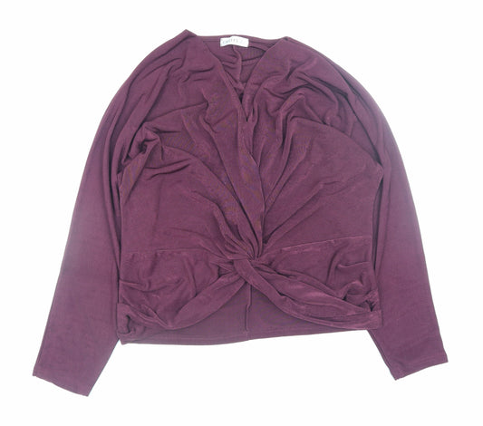 Additional front view of Gallery women’s plum purple wrap jersey blouse, size L, long sleeve