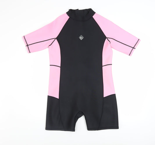 Additional front view of Primark girls’ pink & black short sleeve wetsuit 13-14 years stretch uv swimwear