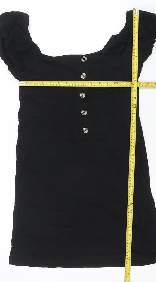 ASOS DESIGN Women's Black Cotton A-Line Puff Sleeve Knee Dress Size 12