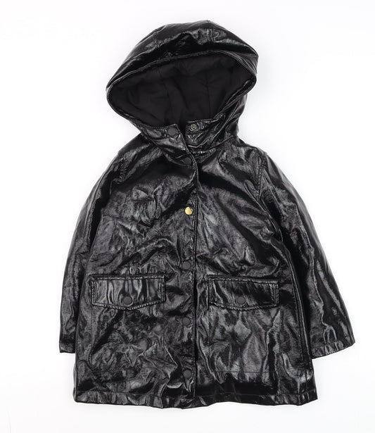 Zara Girls Black Hooded Rain Coat 6 Years Water Resistant Mid-Length Jacket
