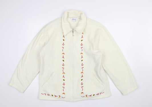 Damart Women’s Ivory Embroidered Fleece Jacket Size 12 Classic Zip Up