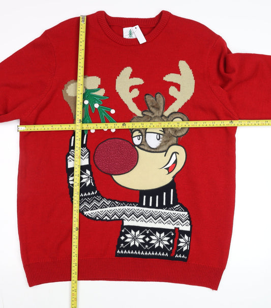 George Men Red Reindeer Christmas Jumper 2XL Crew Neck Knit