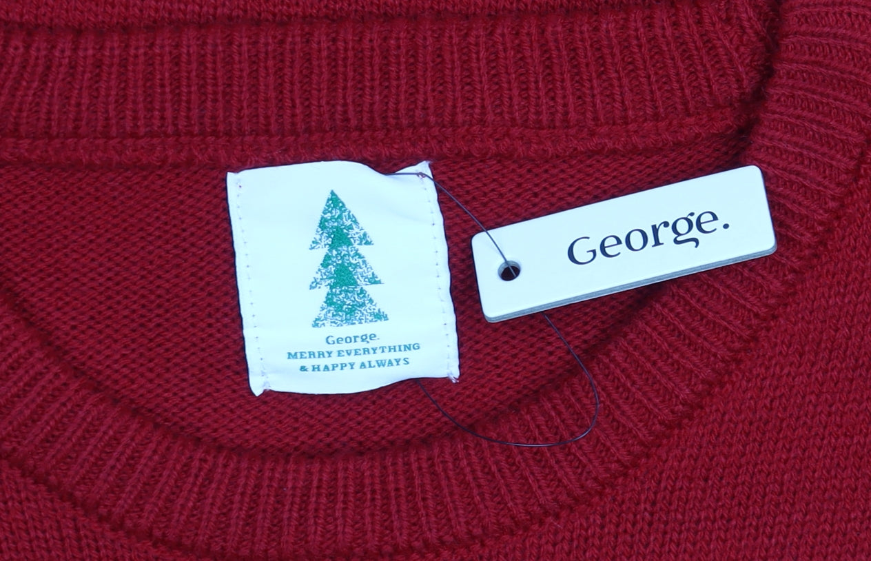 George Men Red Reindeer Christmas Jumper 2XL Crew Neck Knit