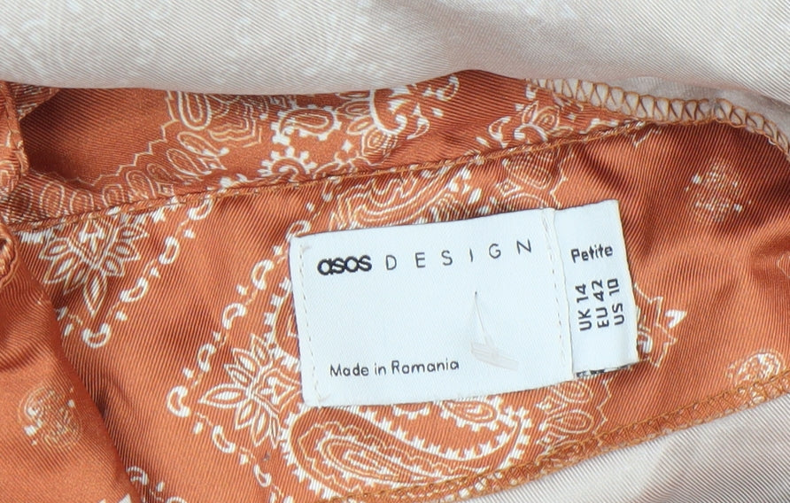 Brand and care label for ASOS DESIGN Women’s Orange Petite Wrap Midi Skirt, size UK 14