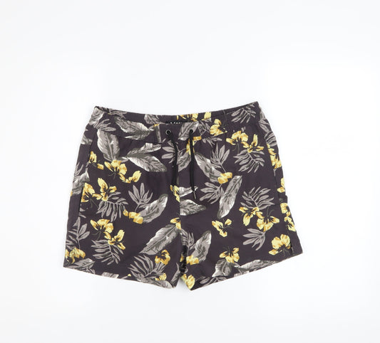 Additional front view of boohooMAN Men's Black Floral Swim Shorts S Quick Dry Festival Style