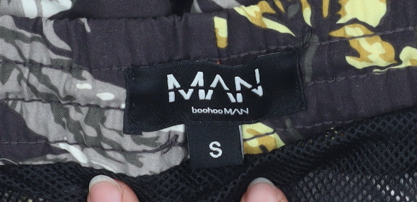 Brand and care label for boohooMAN Men's Black Floral Swim Shorts S Quick Dry Festival Style