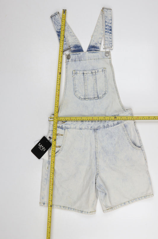 boohooMAN Men Blue Denim Acid Wash Short Dungarees XS