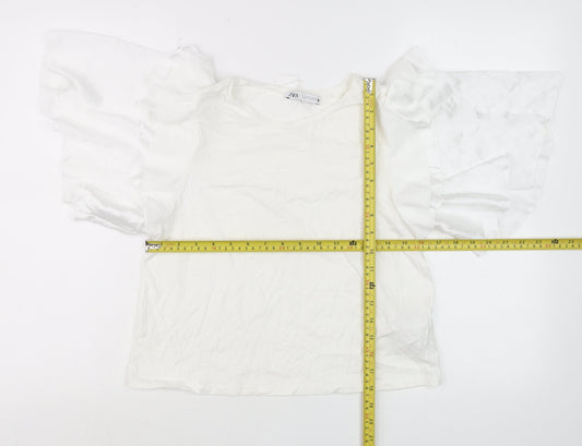 ZARA Women White Ruffle Flutter Sleeve Tunic Blouse Size S