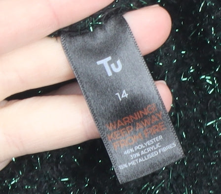 Tu Women Green Glitter Knit Relaxed Pullover Jumper Size 14