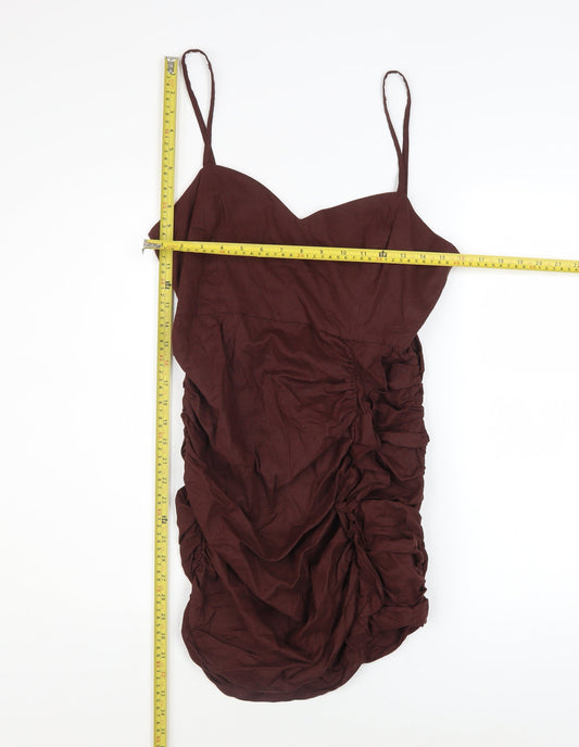 ZARA Women's Brown Linen Blend Bodycon Ruched Dress L