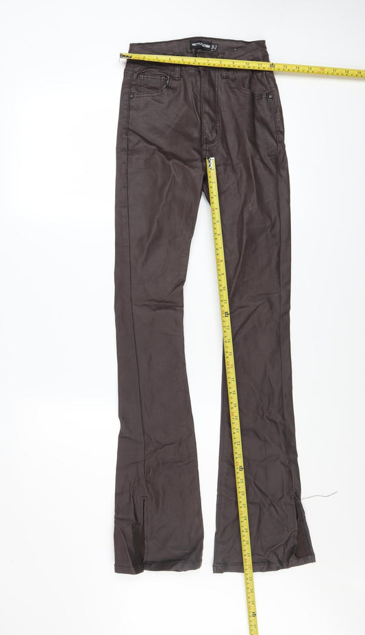 PrettyLittleThing Womens Brown Faux Leather Flared Trousers UK 4 Slim Fit