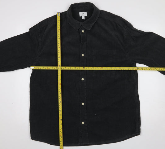 H&M Mens Black Corduroy Button-Up Shirt L Relaxed Fit Casual