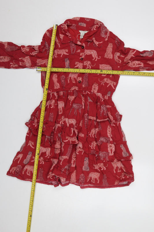 Monsoon Girls Red Animal Print Long Sleeve Shirt Dress 12-13 Years