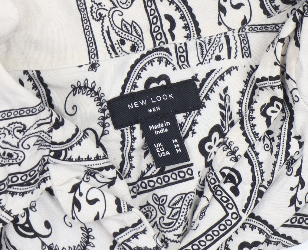 New Look Men White Paisley Short Sleeve Button-Up Viscose Shirt Size M