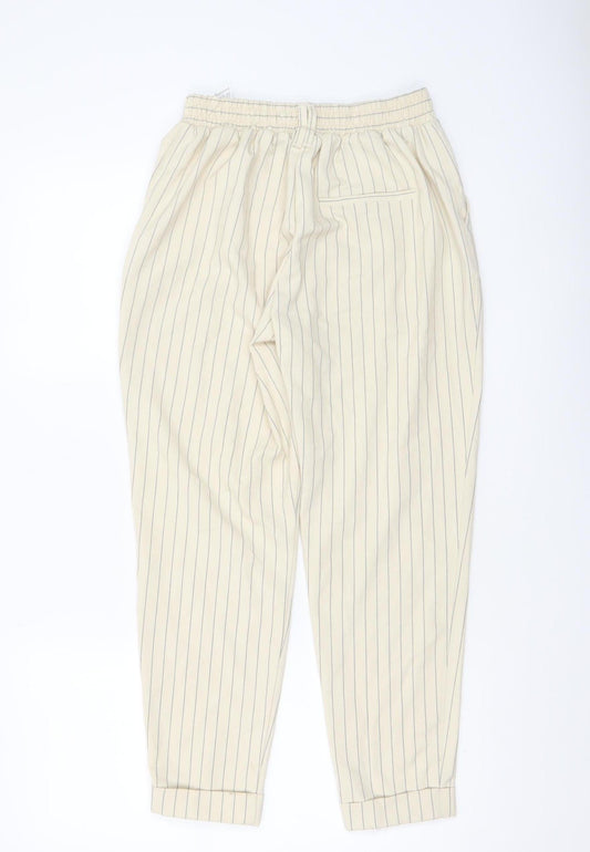 Bershka Women Beige Striped Chino Trousers Size 8 Tapered Fit
