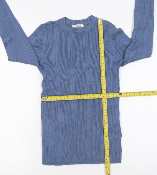 Marks and Spencer Women's Blue Ribbed Crew Neck Jumper Size 8