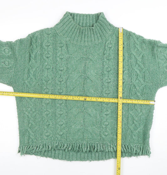 Marks and Spencer Women Green Cable-Knit Roll Neck Fringe Jumper M