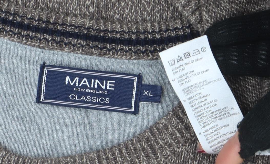 Brand and care label for Maine New England Men's Brown XL Cotton Crew Neck Jumper