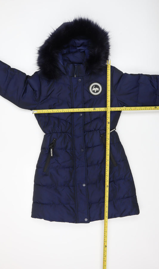 Hype Girls Blue Long Hooded Puffer Coat 14 Years Winter Jacket Faux Fur Trim