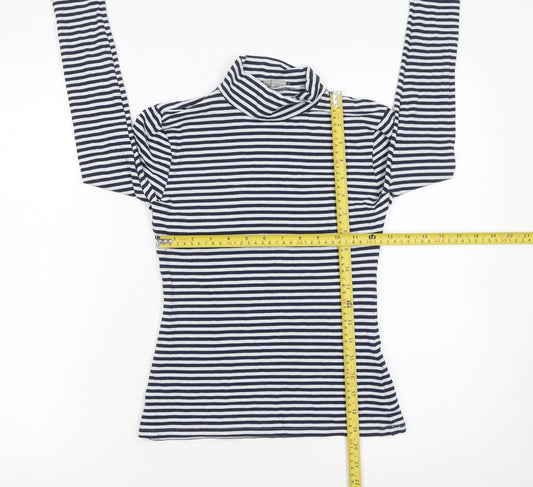 Marks and Spencer Women Blue Striped Roll Neck Long Sleeve Cotton Top Size 6