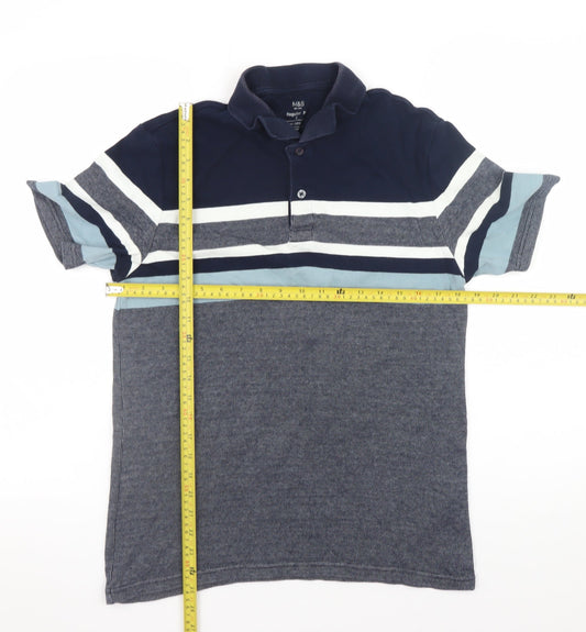 Marks and Spencer Men's Blue Striped Cotton Polo Shirt Size S Regular Fit