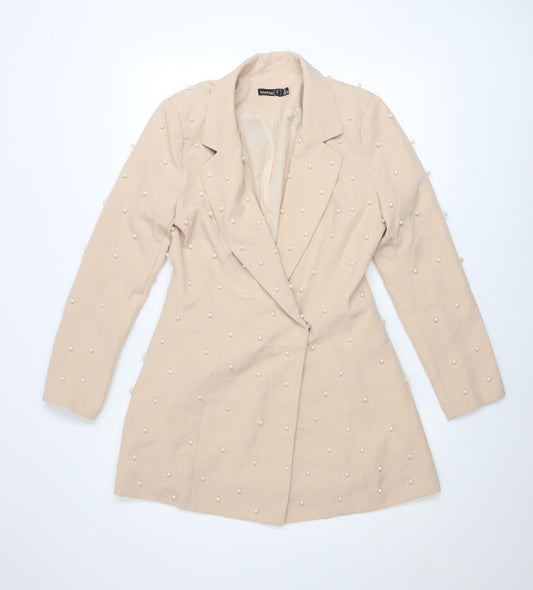 Boohoo Womens Beige Pearl Embellished Blazer UK 8 Classic Mid-Length