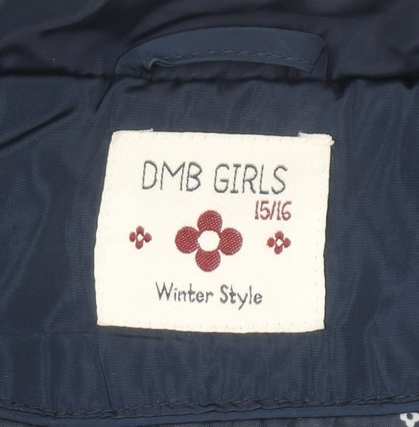 Brand and care label for DMB girls’ blue quilted zip-up winter jacket –, size 15-16, years
